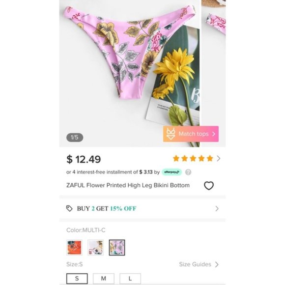 ZAFUL Flower Printed High Leg Bikini Bottom Pink - Picture 7 of 9
